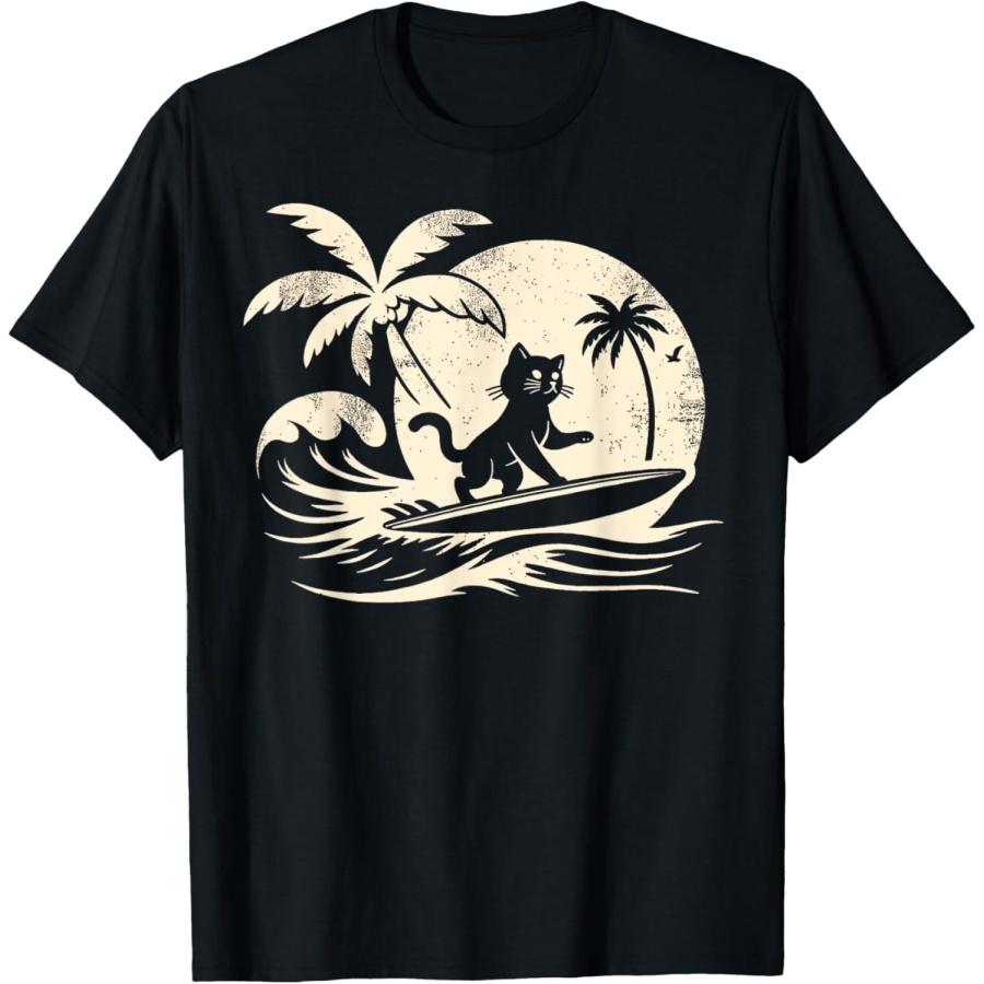 

Винтажная футболка для серфинга с котом на волне в тропическом океане XXXXXL чёрный