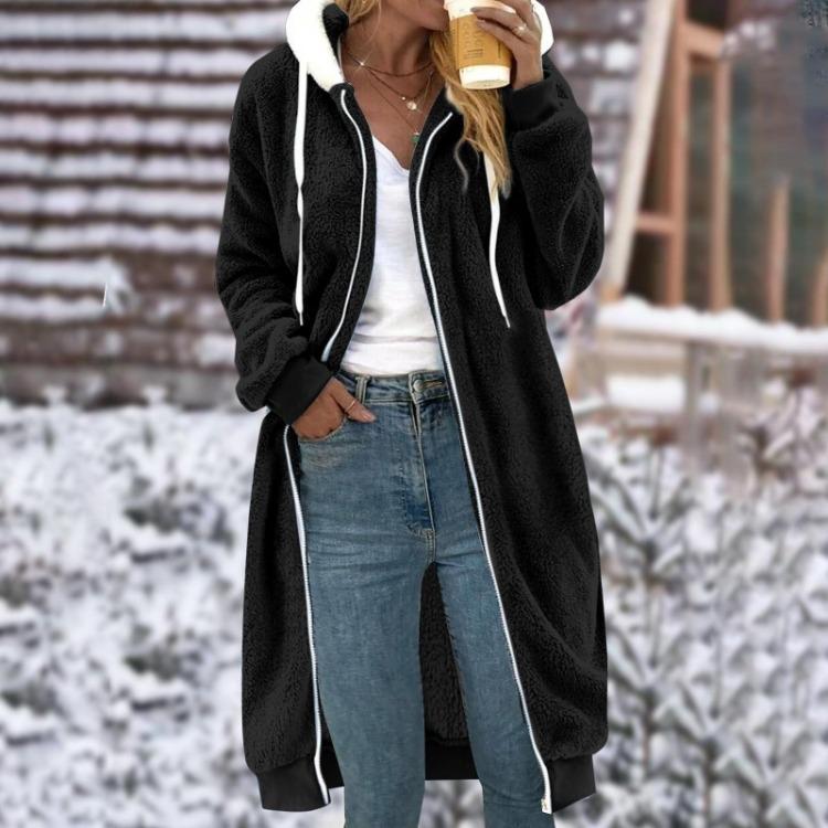 Doppelseitiger Plüsch-Kapuzenmantel für Damen Mittellang Einfarbig mit Taschen