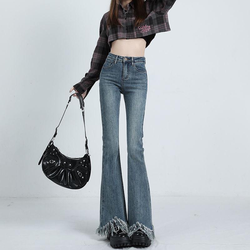 

Women s High-Waist Retro Flared Jeans with Tassels - New Slimming Styles for Spring and Fall 2XL синій