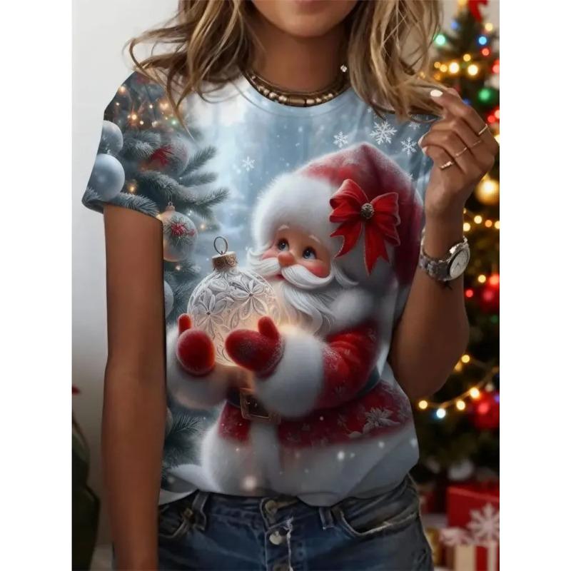Summer Ladies Christmas 3D Printed Crew Neck T-Shirt Fashion Versatile Trend Breathable Casual