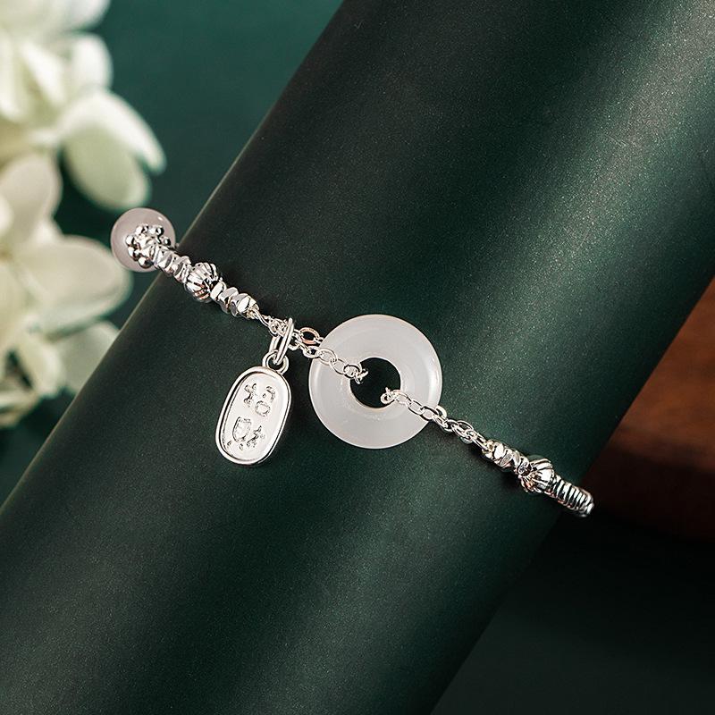 Bracelet Women Give Girlfriends Birthday Gifts, National Style Retro Design Raw Imitation Chalcedony Safety Buckle Broken Silver Niche Jade
