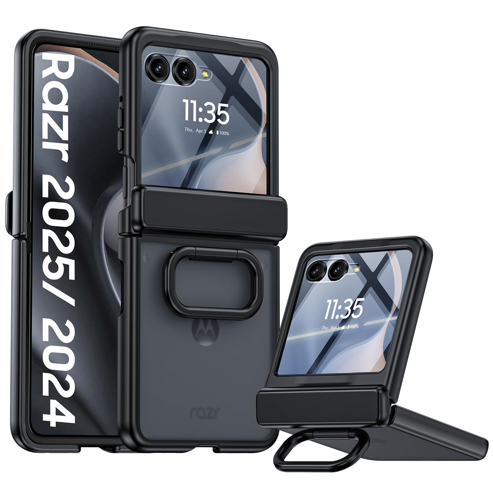 

Для Motorola Razr 50/60 со встроенной защитой экрана, держателем-кольцом, защитой шарнира, противоударным прочным чехлом, полупрозрачной матовой крышкой - Синий чёрный