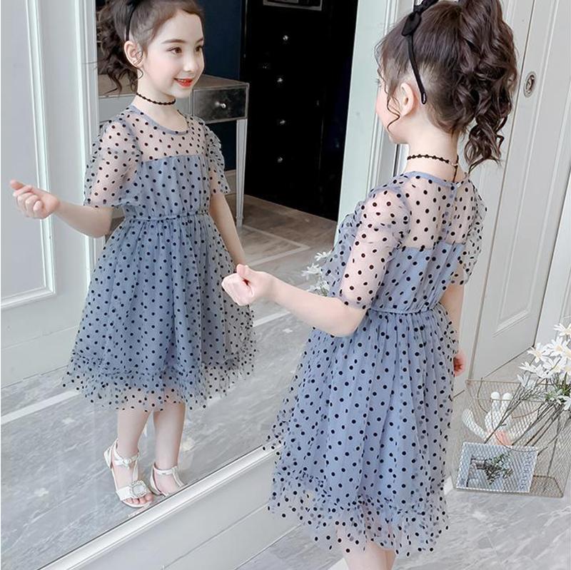 Children Dress Spring Summer Kids Clothing Baby Girls Clothing Wave Point Short Sleeve Dress Girl Mesh Dress Ruffle