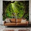 TUGCAY Misty Forest Tree Cave Tapestry Nature Green Tapestry Enchanted Rainforest Tropical Jungle Sunshine Flowing Stream Landscape Wall Tapestries