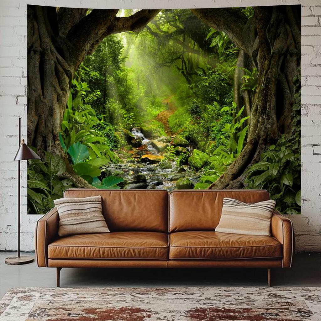 TUGCAY Misty Forest Tree Cave Tapestry Nature Green Tapestry Enchanted Rainforest Tropical Jungle Sunshine Flowing Stream Landscape Wall Tapestries