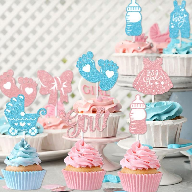 12Pcs Pink And Blue Glitter Boy Or Girl Cupcakes Gender Revealing Party Cake Decorations Baby Party And Birthday Party Supplies