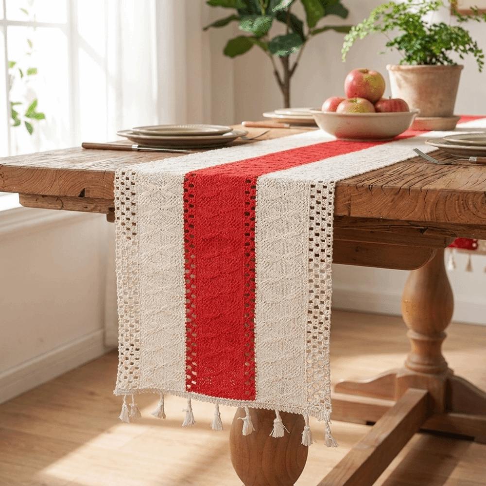 Splicing Knitted Hollow-out Table Runner Rustic Style Farmhouse Tablecloth Macrame Table Mat  Hotel