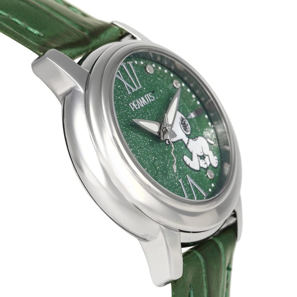 Snoopy limitiert auf je 100 Stück mit Seriennummer Japanisches Projekt Echtlederarmband Damenuhr, weltweit, Nummer, Modell, (Grün)