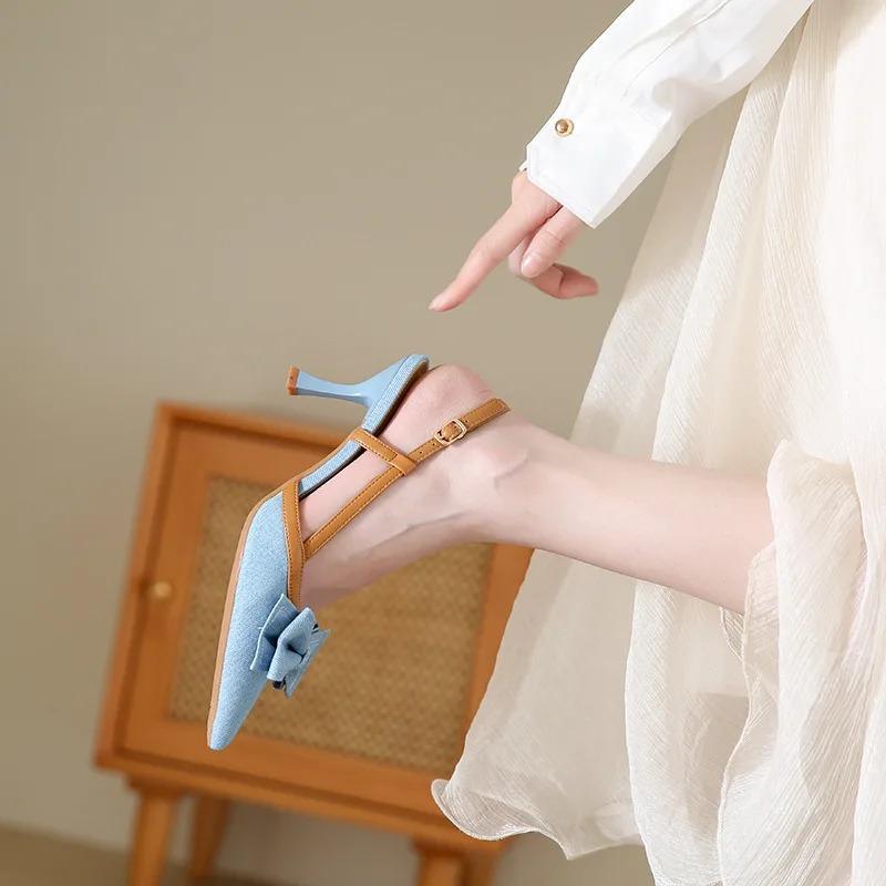 Pointed Heel Sandals Velvet Shoes Suit Female Beige Women's Suede Low Closed Denim Black Fashion Real Girls Stiletto Retro