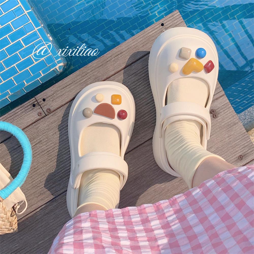 

Fashion outerwear Mary Jane platform hole shoes women s summer cute bag head half slippers beach sandals 39-40 (one size smaller)