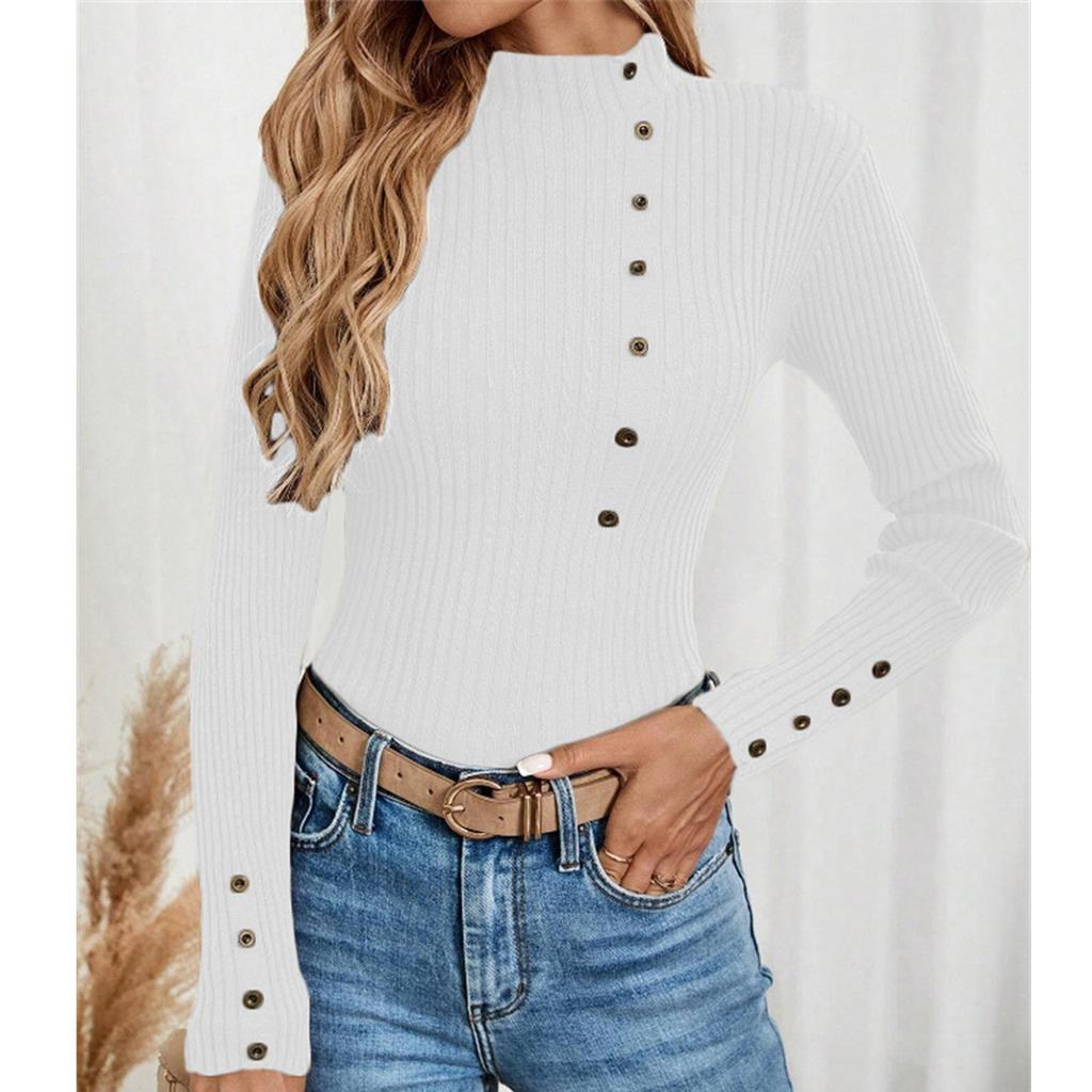 Women's Casual Solid Color Slim Button Knit Sweater Long Sleeved Base Sweater Sweater