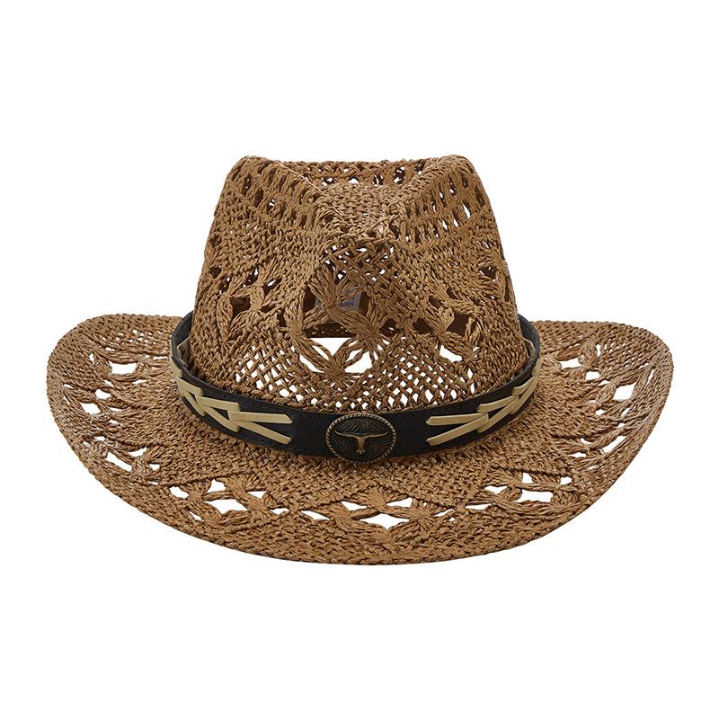 Western Style Hollowed Straw Hat Men Women Cowgirl Hats Summer Breathable Beach Caps Stylish Holiday Wide Brim Sun Cap