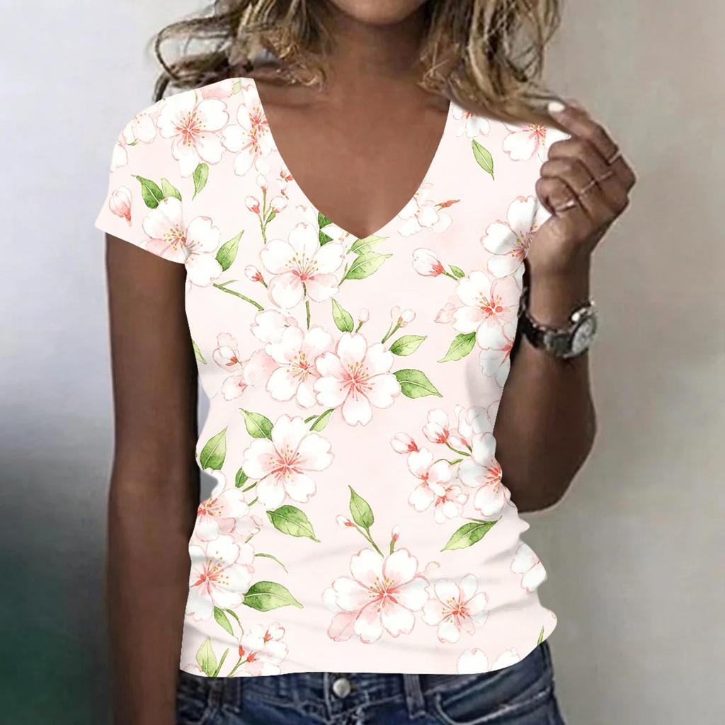 Women V Neck Short Sleeve Floral Print T Shirt Casual Loose Fit Lightweight Soft Fabric Summer Top for Daily Wear