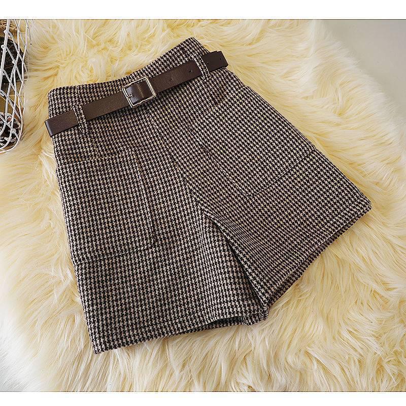 Pantaloni scurți A-line din lână cu picior de cocoș cu talie înaltă în stil coreean - Modă versatilă de iarnă pentru femei