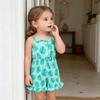 Baby Girl Leaf Print Ruffle Romper, Spaghetti Strap Button-Down Jumpsuit with Bow Detail