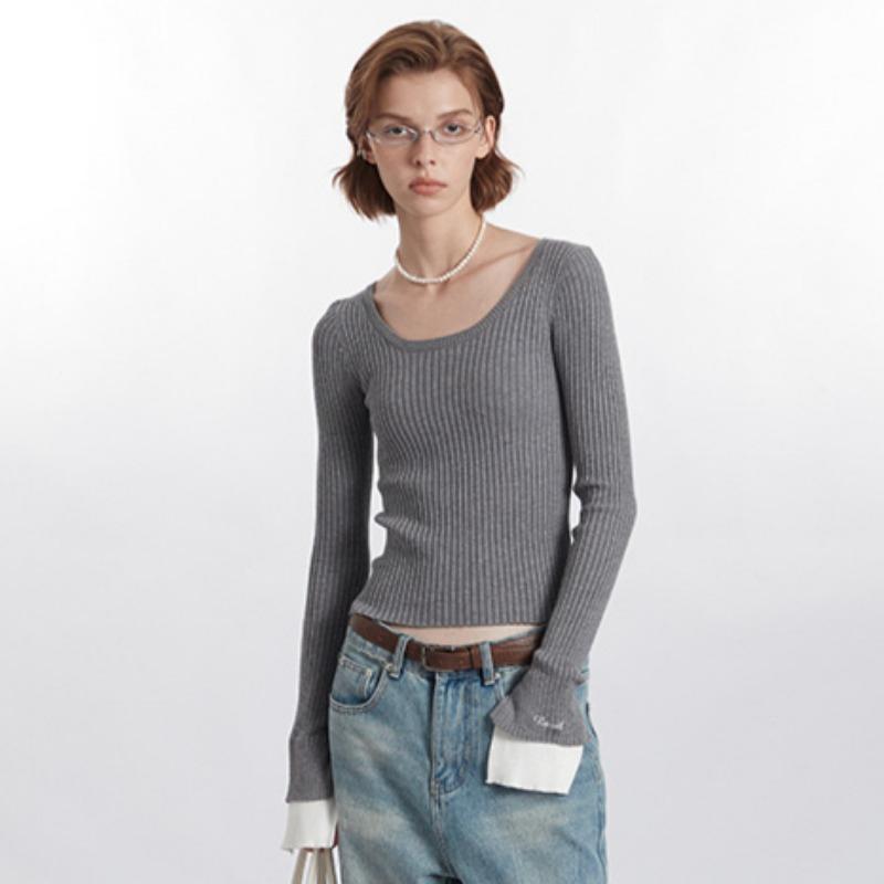 Spring and Summer Women's New Pullover Solid Color Casual Simple Long Sleeve Square Collar Short Slim-fit Sweater