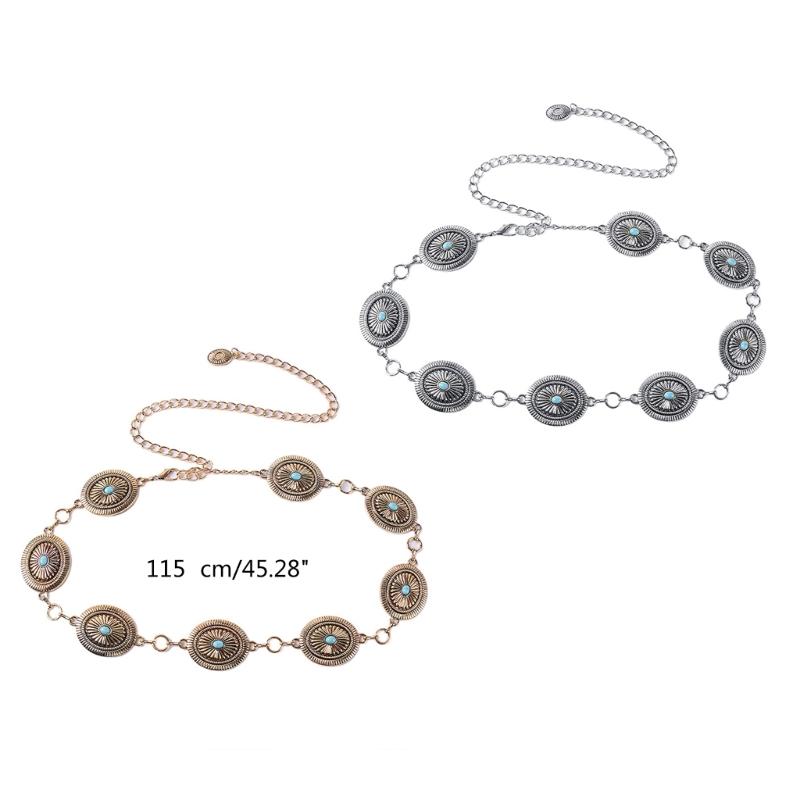 Women Waist Chain Banquet Waist Chain with Carved Turquoise Buckle Adjustable