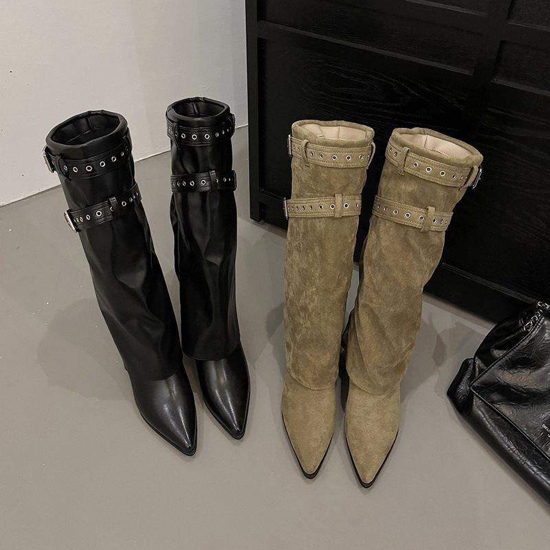 High Boots, Belt Buckle Women's Autumn and Winter Thin Heels, New Western 2025 Versatile Cowboy Boots Fashion Boots Pointed Retro