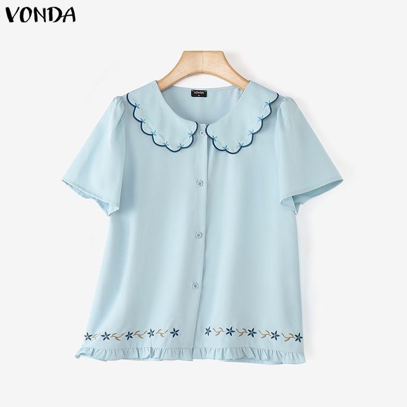 VONDA Women Casual Lapel Neck Short Sleeve Embroidery Cute Blouse