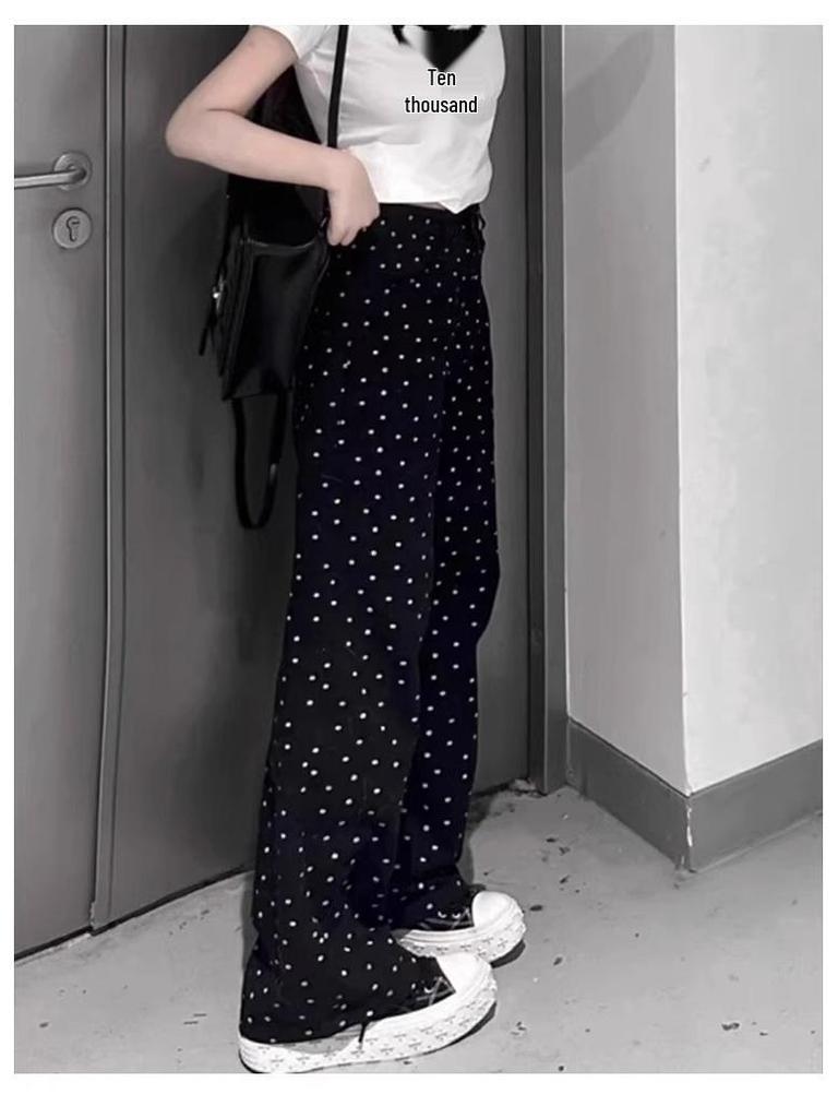 Pear-Shaped High-Waist Plus Size Black Polka Dot Wide-Leg Pants for Women - Spring/Summer Casual Slimming Design