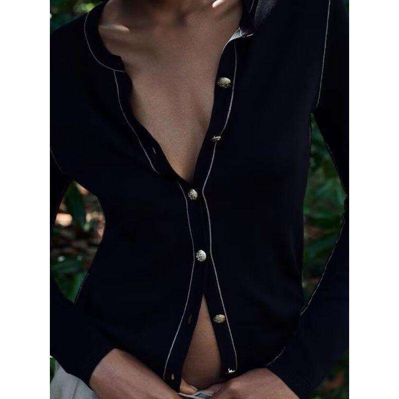 Za2024 Autumn New Women's Clothing Silm Slimming Contrast Color Trim Long Sleeves Round Neck Plain Stitch Outwear 3390101