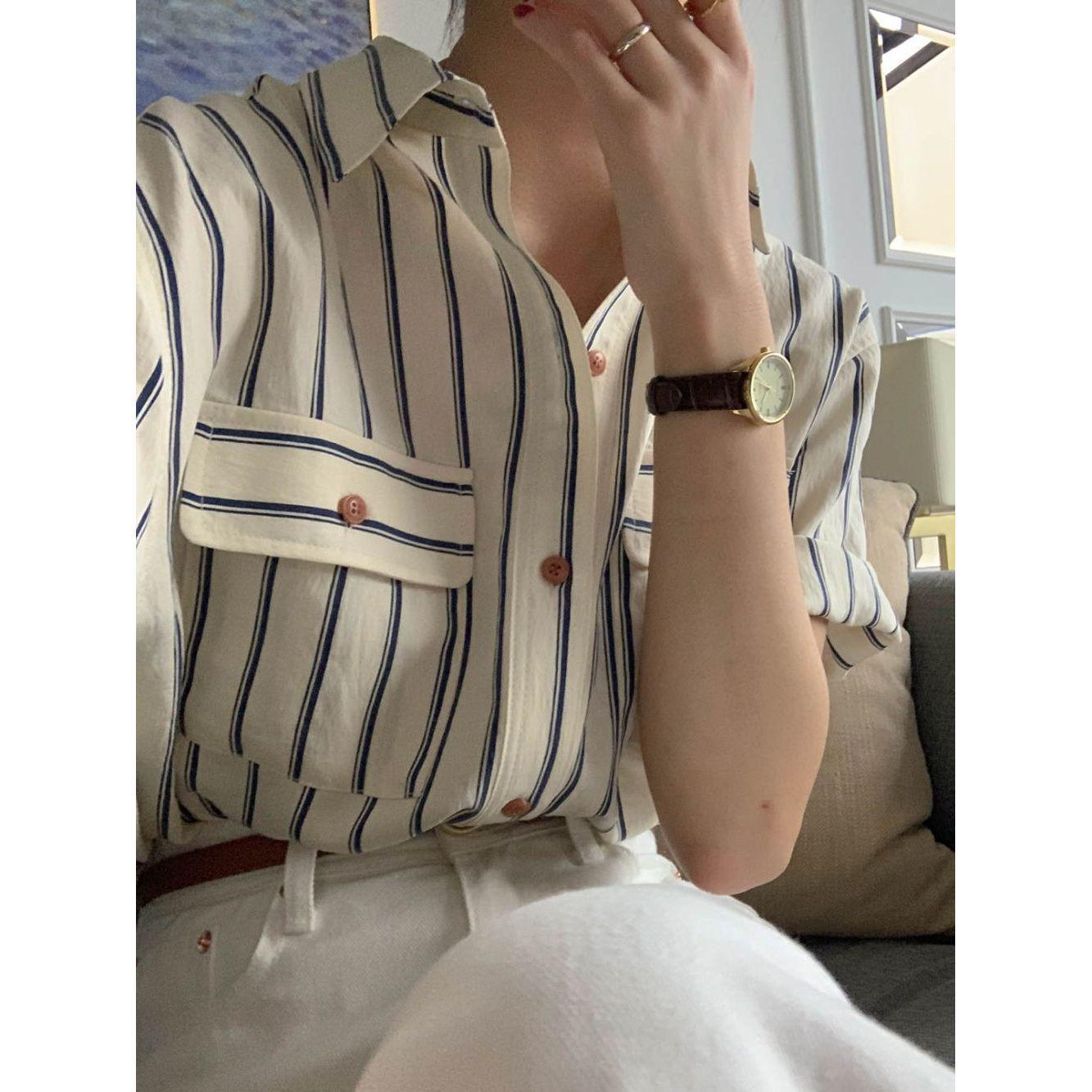 

Женская ретро французская корейская полосатая рубашка с коротким рукавом для защиты от солнца Small