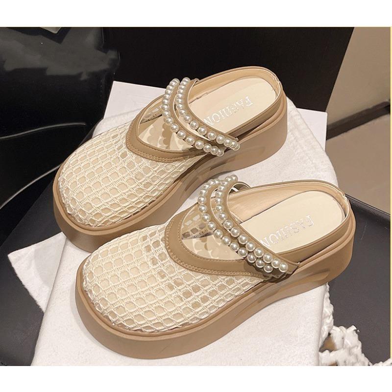 

Summer fashion hole sandals light thick-soled bag head half slippers heightened breathable hollow mesh shoes 35
