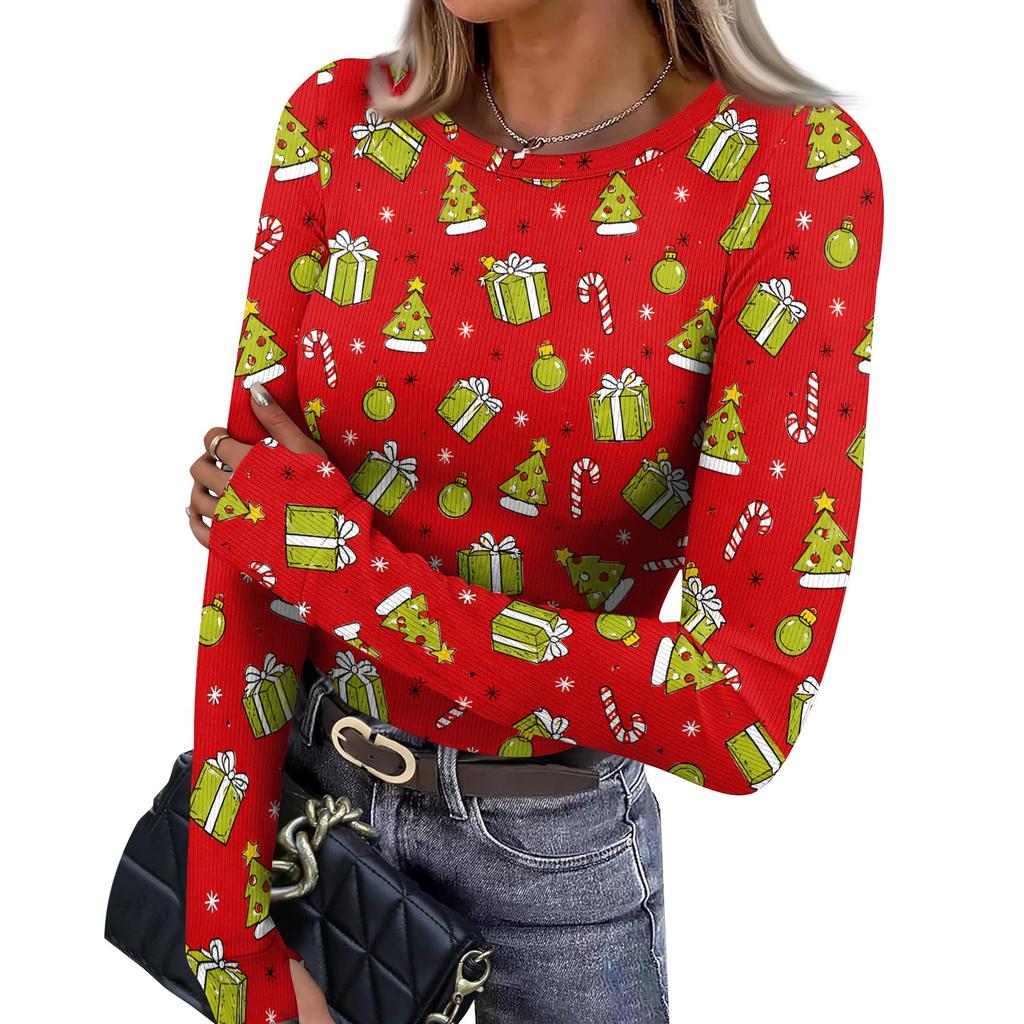 Women's Slim Fit Base Layer T-Shirt, Christmas Print Crewneck Long Sleeve Top with Thumb Holes