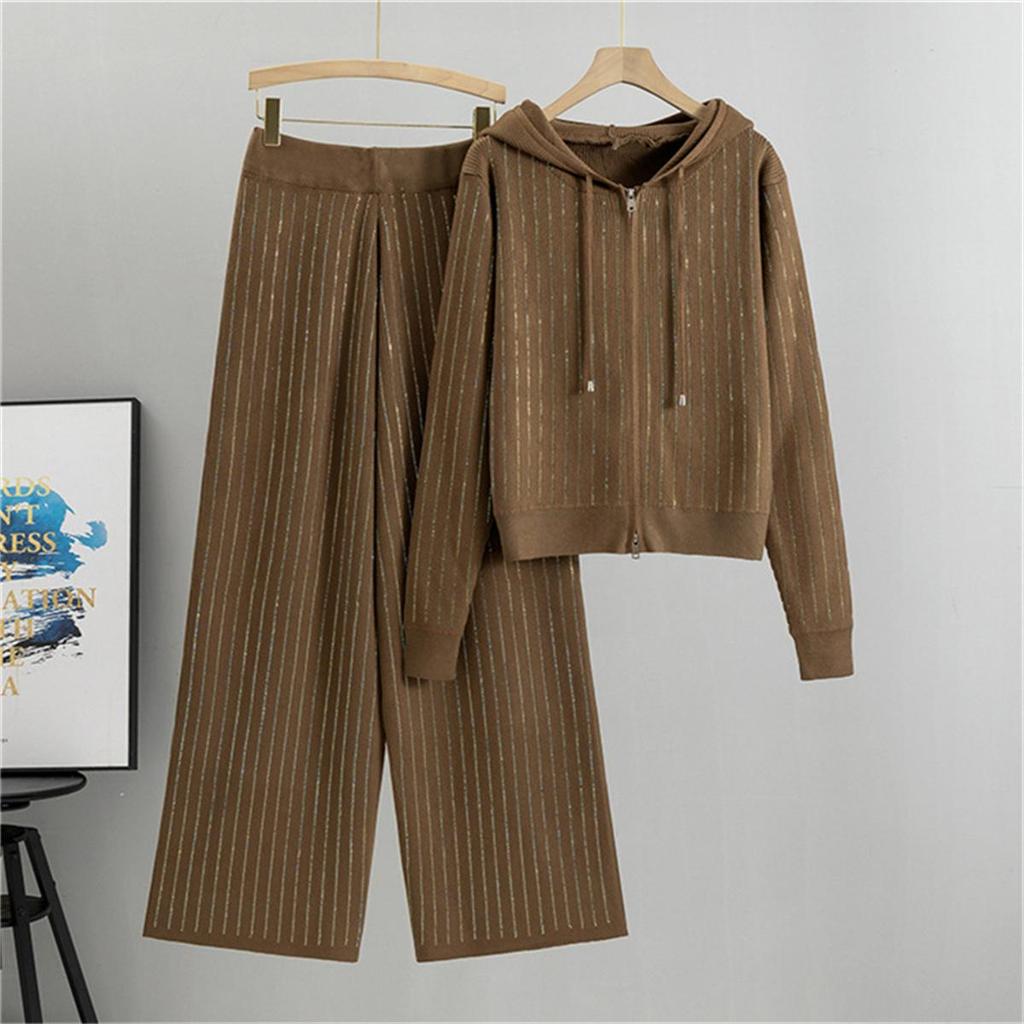 Women's Wide Leg Pants Hooded Knitted Cardigan Two Piece set Women's Autumn Fashion Loose Casual Suit