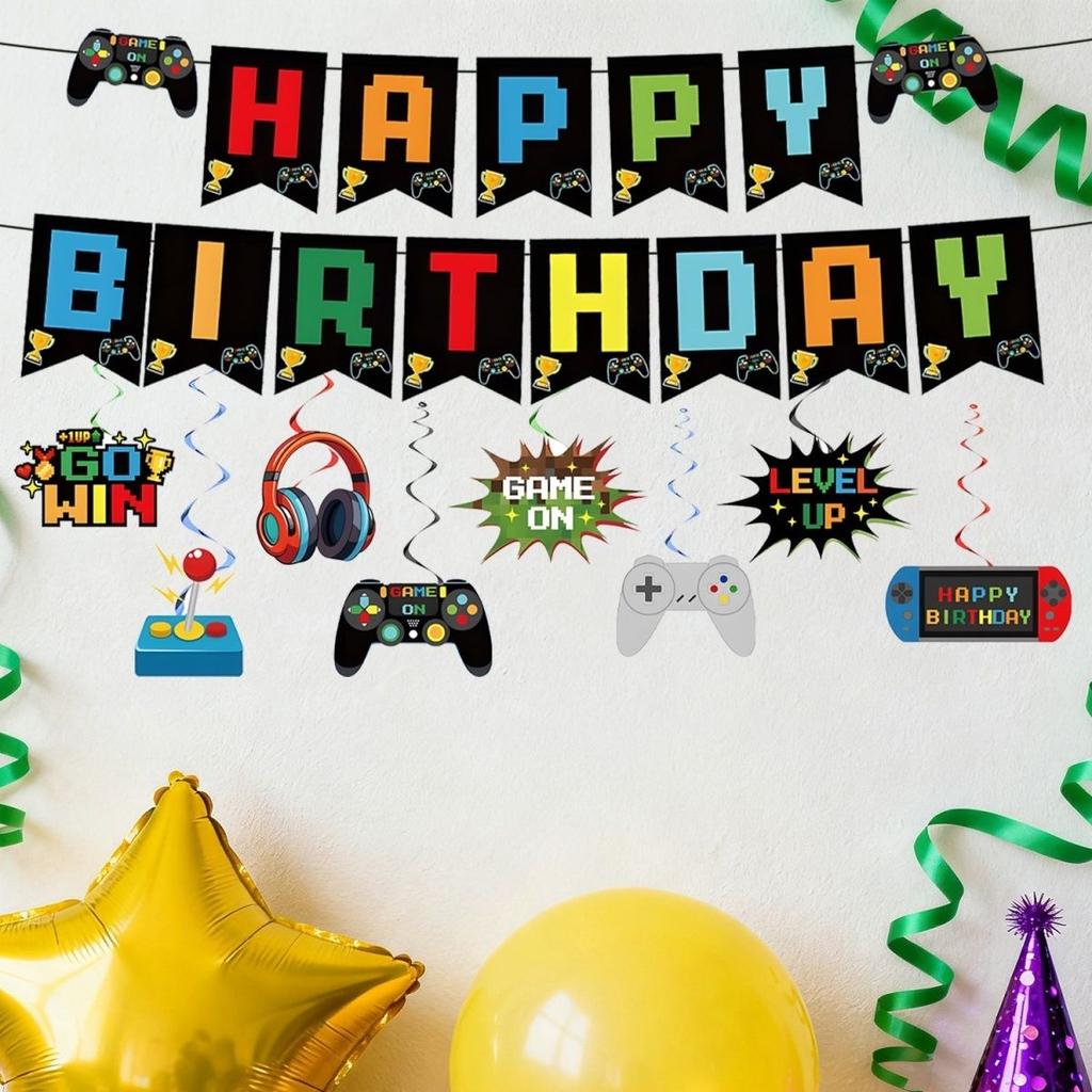 Cartoon Arcade-Themed Party Decoration Set: Boys' Birthday Decorations, Game Controller Banners, Cake Topper, and Spiral Hanging Decorations