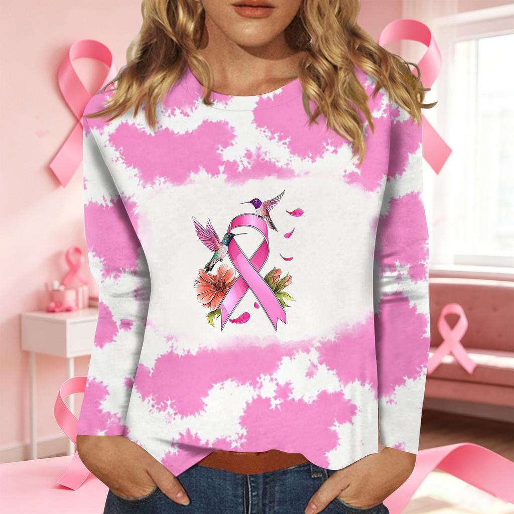 Women's Casual Long Sleeve T-Shirt with Ribbon Print Round Neck Top for Everyday Wear