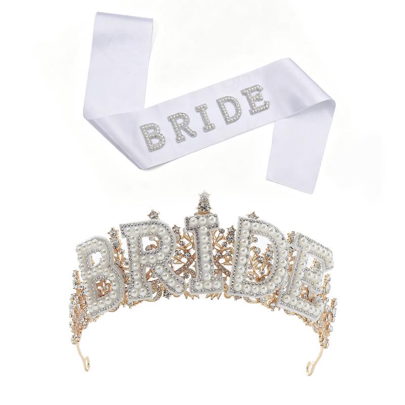 Pearl Lace Bridal Crown & Headband Set with Wavy Edge Sash and Shoulder Straps