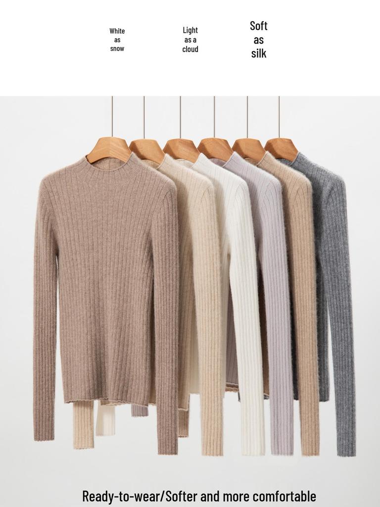 Women's 100% Pure Cashmere Striped Slim Fit Half-High Neck Sweater, Warm Autumn & Winter Knit Base Layer
