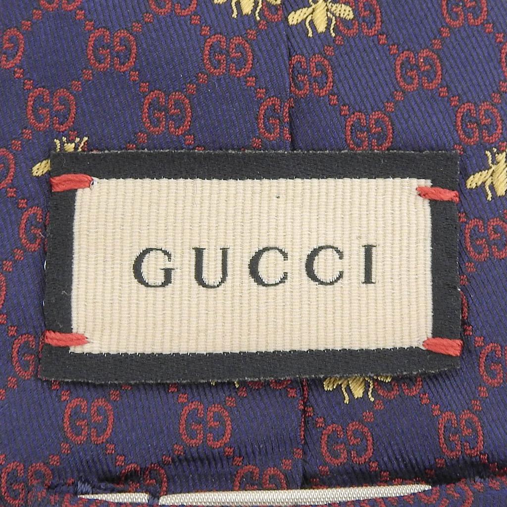Great GUCCI tie GG logo all-over print Bee embroidery Navy silk mens 545078 Used