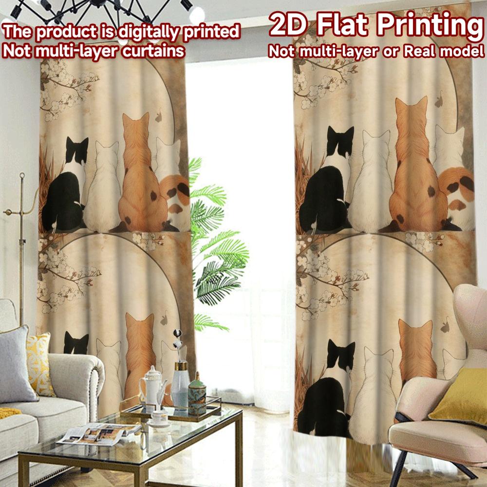 2D FLAT PRINTING 2pcs Curtains (Without Rod) Cats Watching Cherry Blossoms Popular Curtains Digital Printed Versatile Polyester