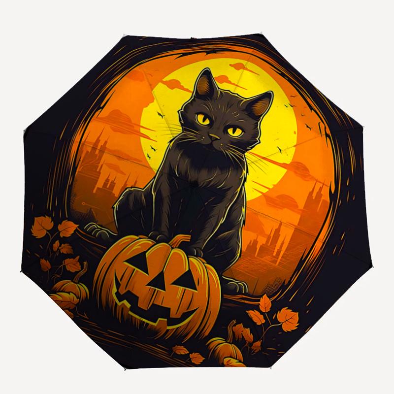 1pc Cat On a Pumpkin Halloween Automatic Opening and Closing Cartoon Practical Umbrella - Small Umbrella Suitable for Various Occasions A019