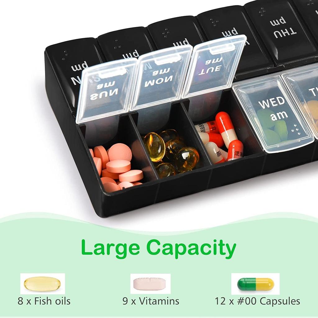 Weekly Pill Organizer 2 Times a Day Easy Fill & Open AM/PM Medicine Box 7 Day Vitamin Cases Day and Night 14 Compartments