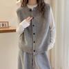 Women's Gray Wool Round Neck Cardigan Vest - 100% Wool, Perfect for Autumn/Winter Layering