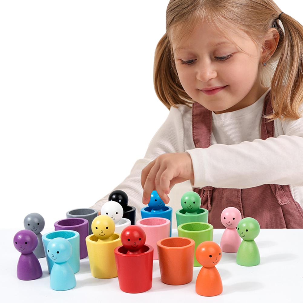 12Pcs Wooden Color Classification Cups Interactive Dolls In Cups Stackable Color Sorting Cups for Intelligence Development