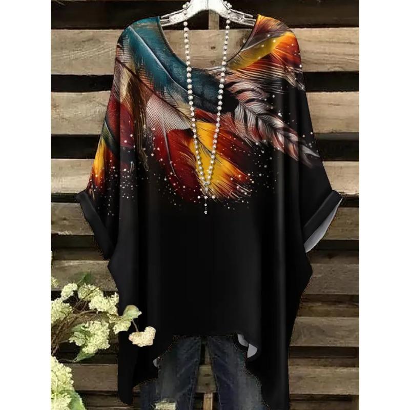 T-shirt Estiva da Donna Stampa Colibrì Pavone Girocollo Coda Comoda Manica Corta Oversize Orlo Irregolare Top