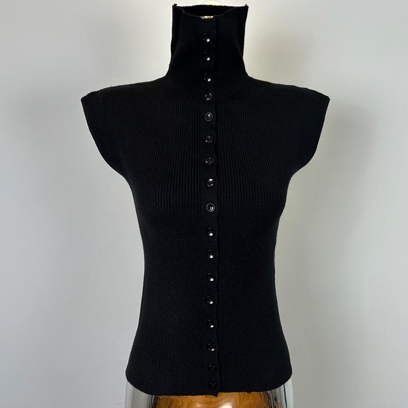 

Корейский Дондэмун Новое поступление: Женская трикотажная футболка без рукавов с высоким воротом One Size чёрный