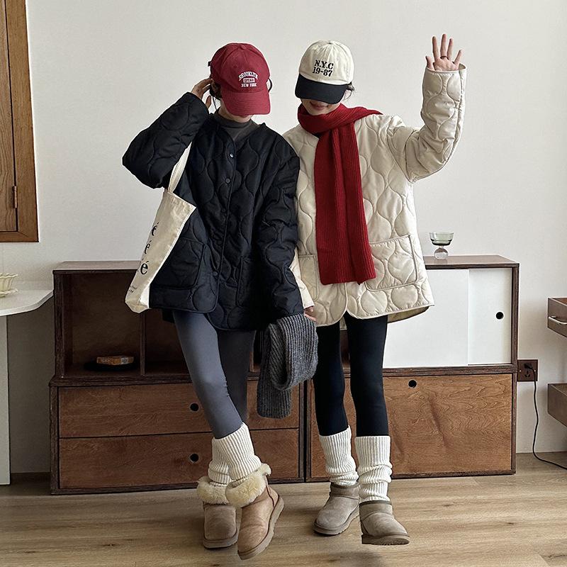 New Round Neck Seam Women's Thin Cotton-padded Jacket Autumn and Winter Short Clip Velvet Diamond Collarless Cotton-padded Jacket