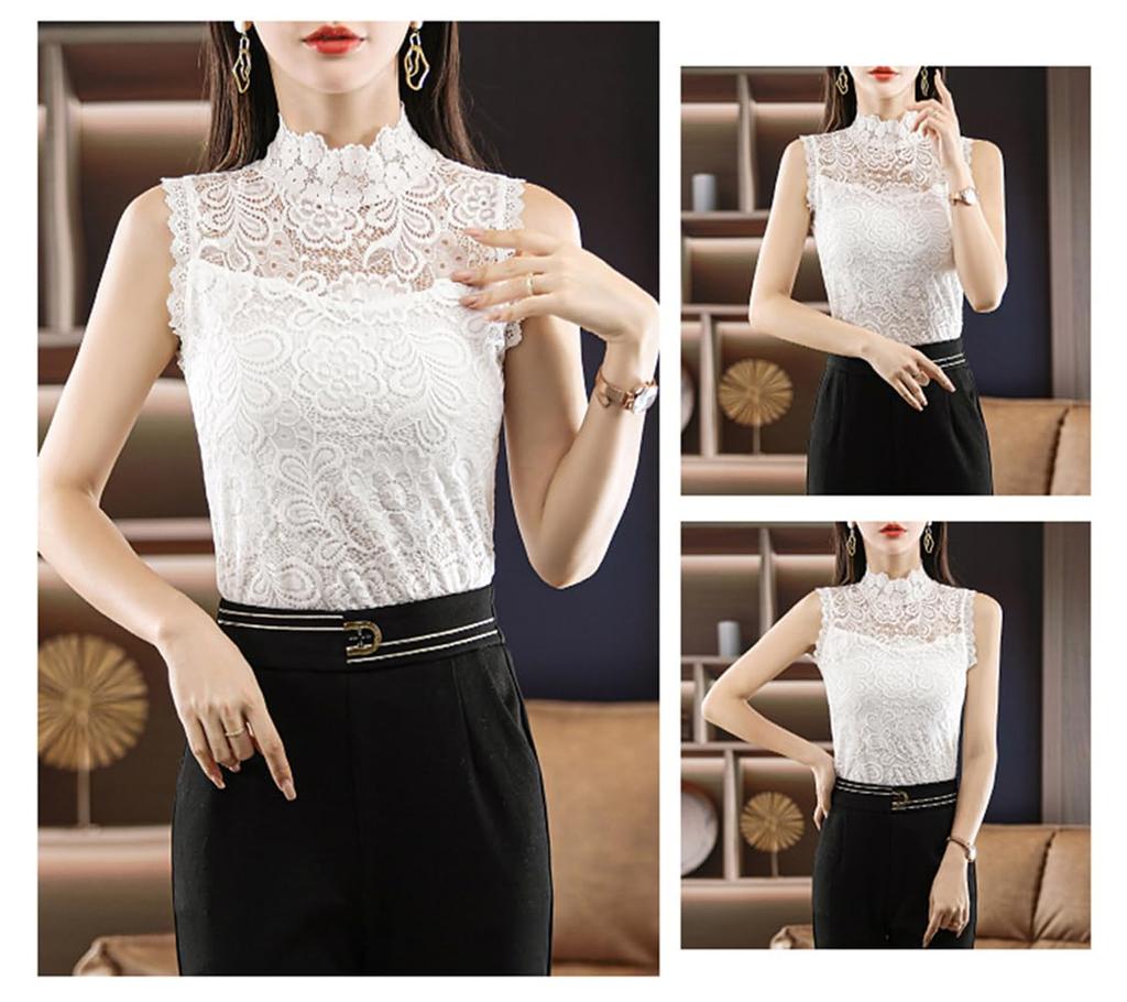 JIYUTOR Tank Short High Layered Sheer Top Size Women's Top, Camisole, Lace, Length, Sleeveless, Neck, Style, Thin, (White, 8)