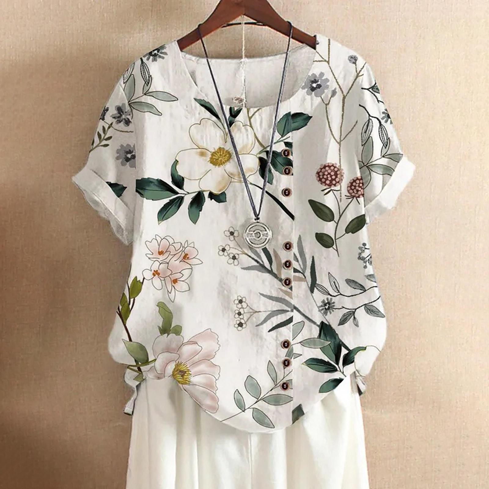 Womens Casual Printed O-Neck Short-Sleeve Loose Top T-Shirt XXL
