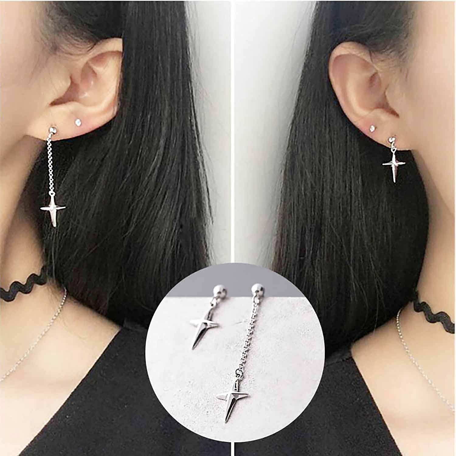 Asymmetric Cross drop earring for women men White gold plated chain long earring geometry jewelry