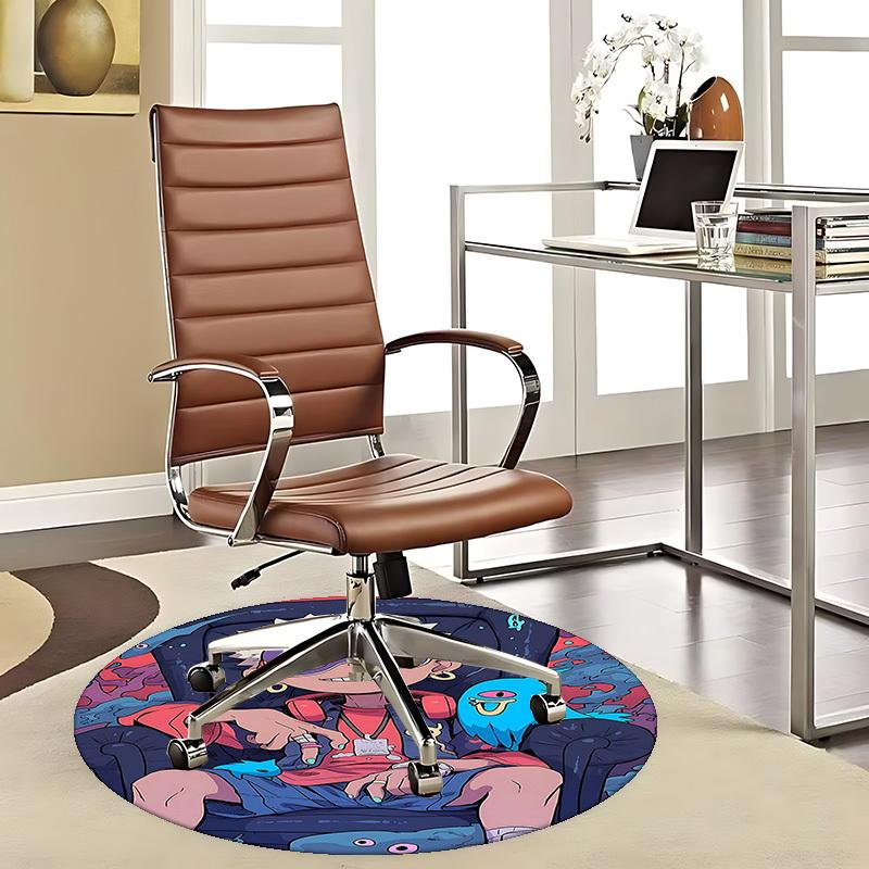 

1pc Anime Cartoon Design Round Carpet - Office Chair Mat with Blue Ghost Character, Suitable for Home Decor 80cm