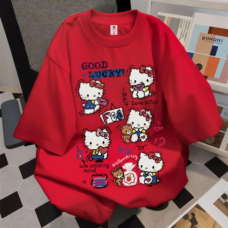 2026 Summer Hello Kitty Oversized Tshirt High Quality 100 Cotton Doodle Collage Print Unisex Retro Casual Y2K