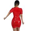 2025 Colorful PU Leather Deep V-Neck Short Dress with Zipper