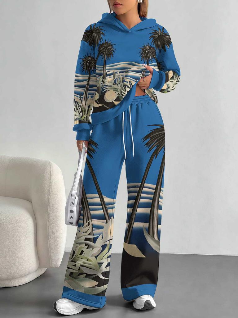 European And American Autumn And Winter Casual Long-Sleeved Retro Pattern Set Women'S Hooded Sweater Trousers Two-Piece Set