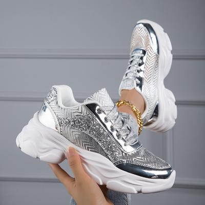 Women's Glitter Design Platform Sneakers Casual Lace Up Outdoor Shoes Comfortable Low Top  Shoes Summer Breathable Shoes Women